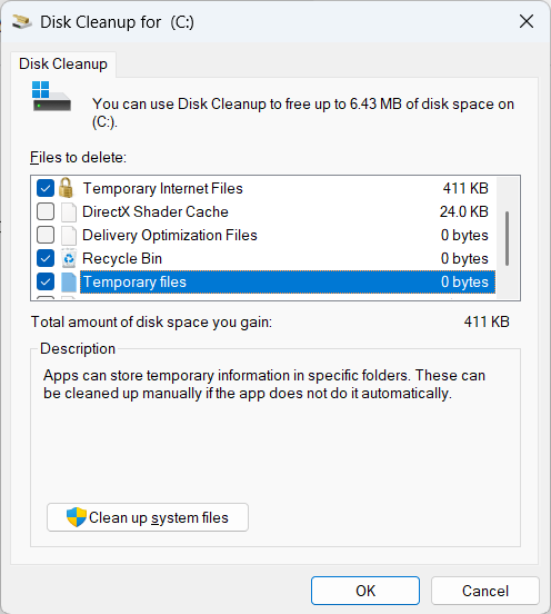 Windows Disk Cleanup tool selecting temporary files for deletion