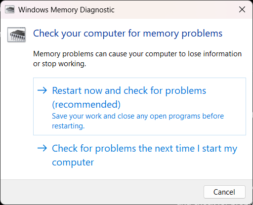 Restart now and check for problems option in Windows Memory Diagnostic tool