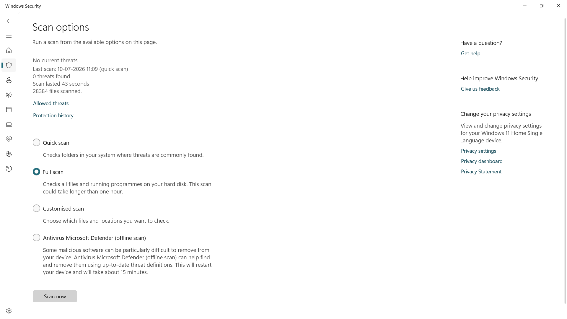 Windows Security virus and threat protection full scan option